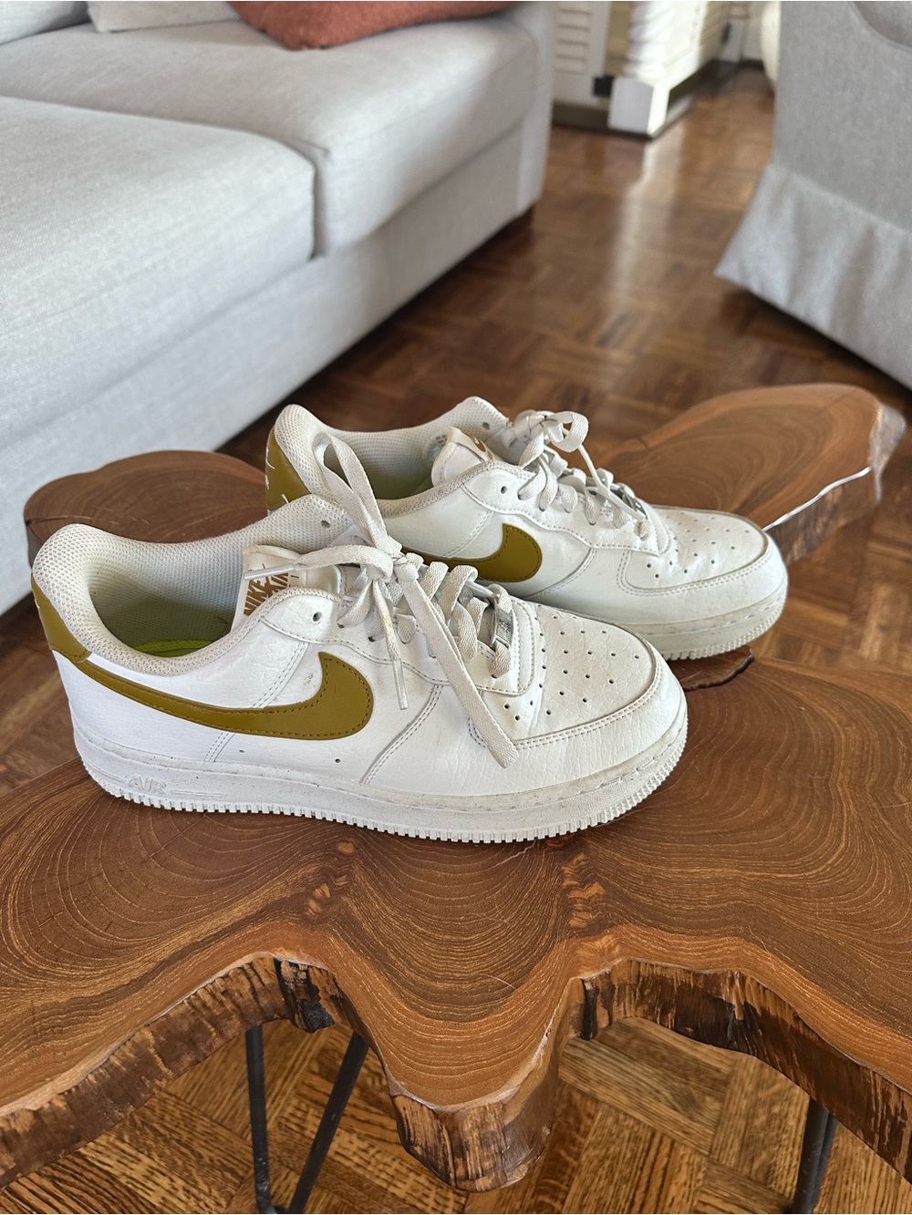 Nike Air Force 1 White Sneakers with Olive/Gold Swoosh